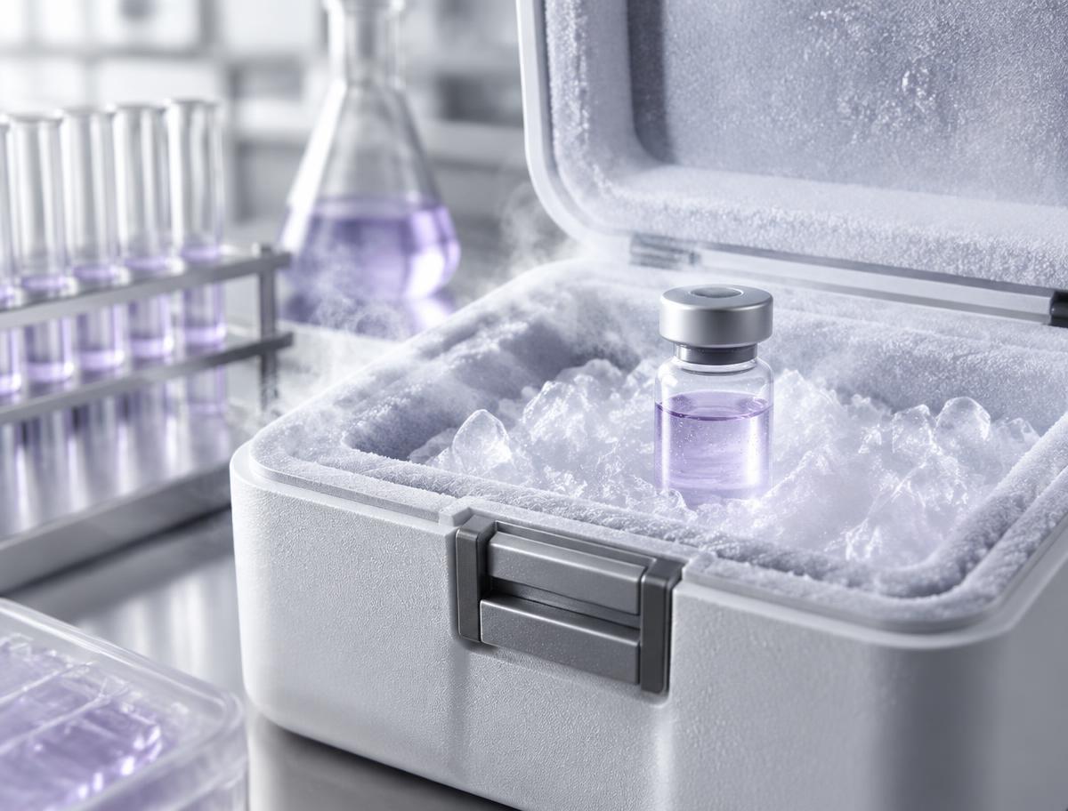 Sealed laboratory sample vial in an insulated cold transport case