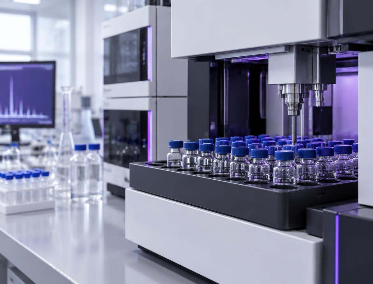 Independent analytical laboratory HPLC autosampler with glass vials