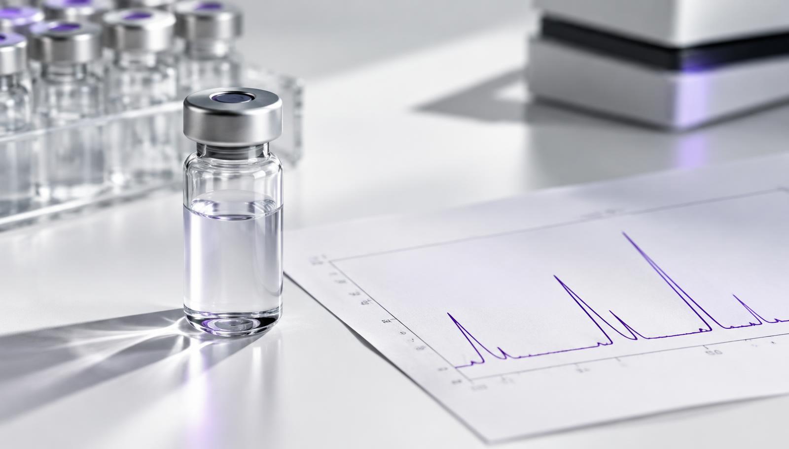 HPLC sample vial beside a chromatogram in a clinical laboratory