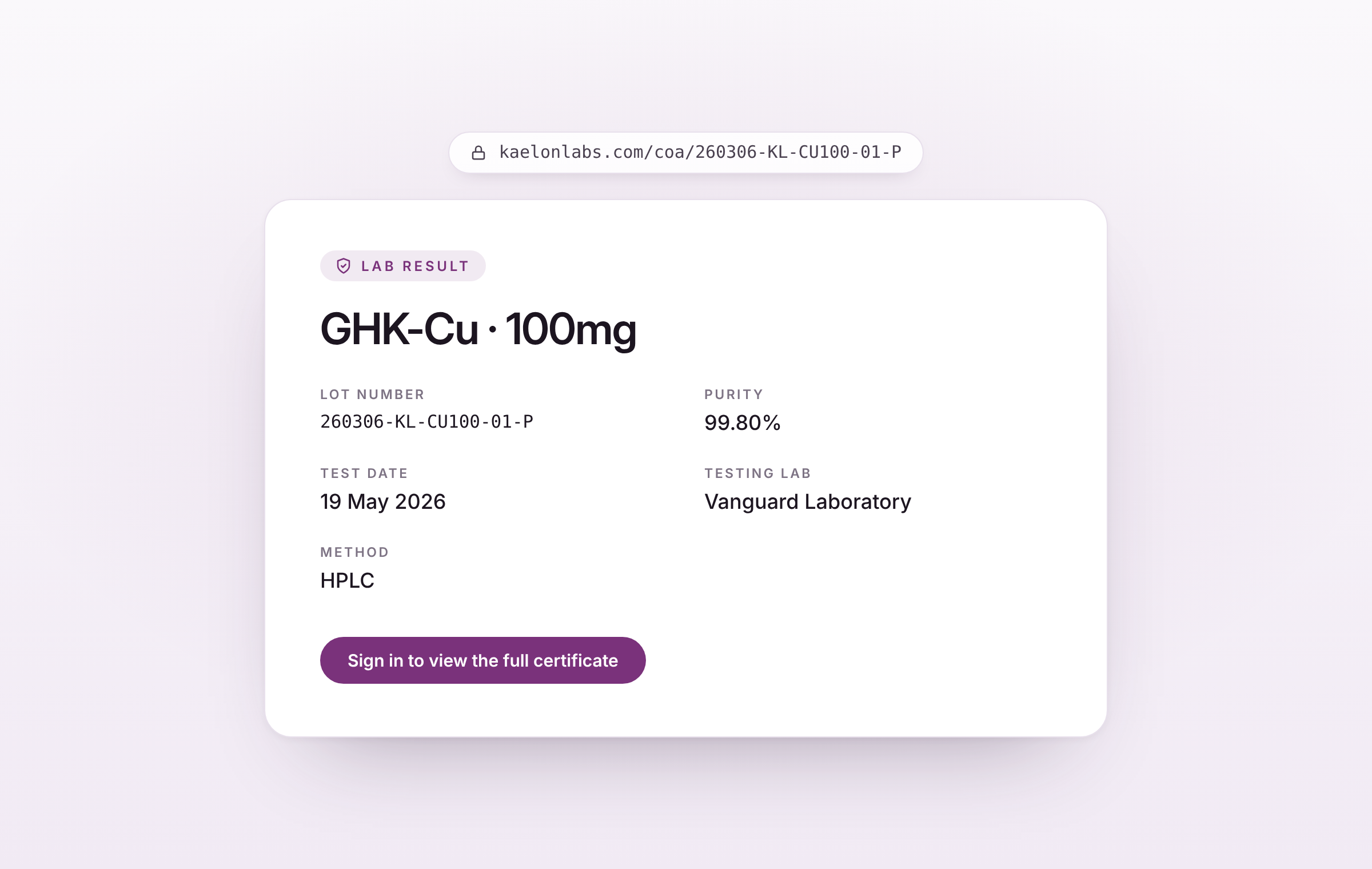 Kaelon GHK-Cu 100mg lot result with lot number purity test date lab and method